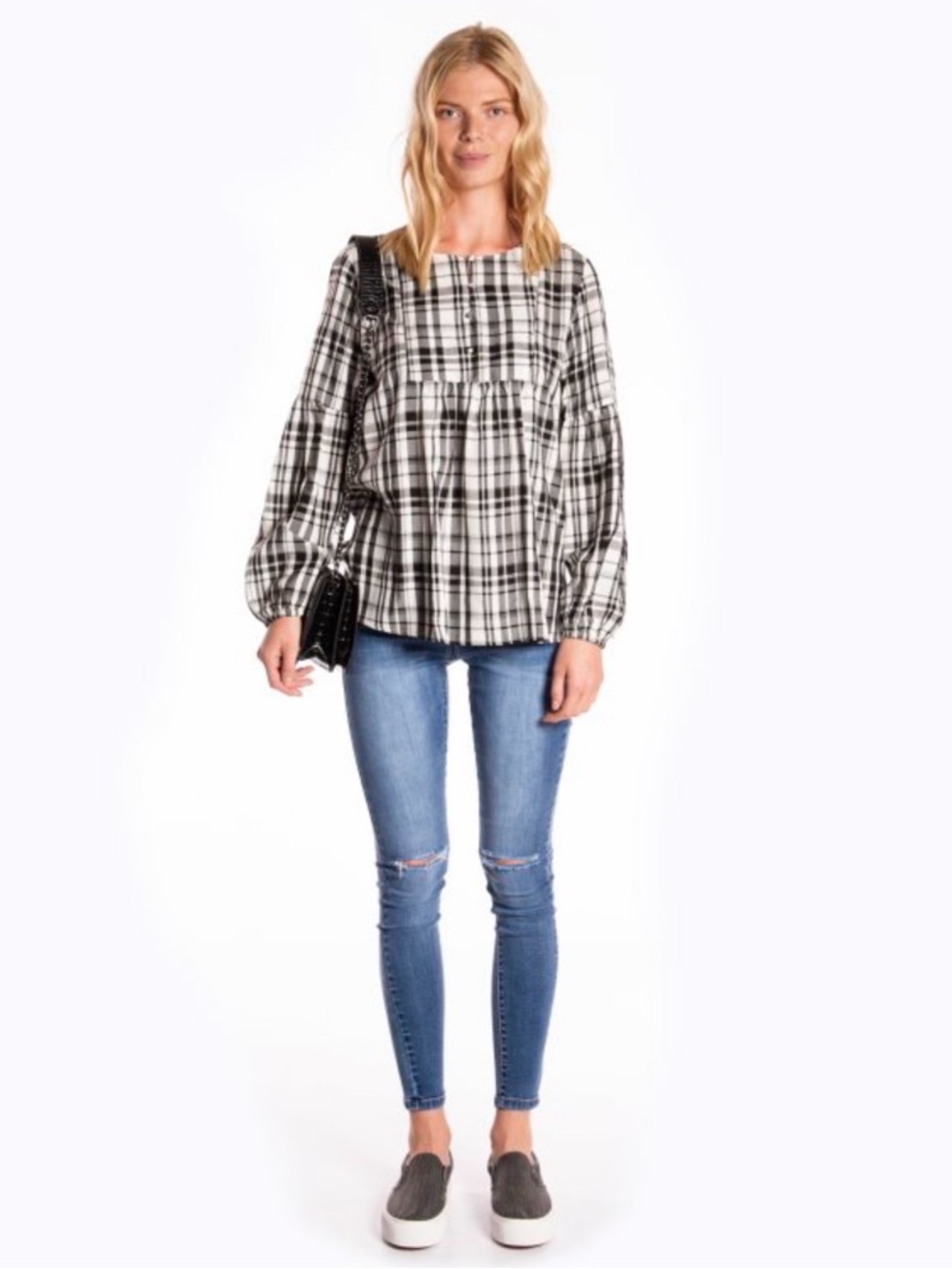 LOFT Black and White Plaid Peasant Tunic